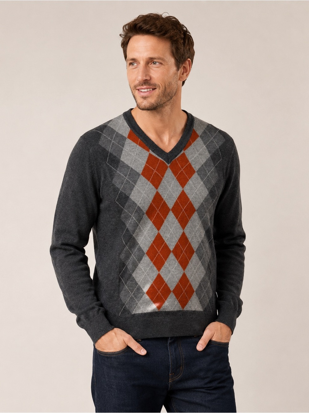 Banana Republic Men’s 100% Extra Fine Merino Wool Argyle V-Neck Sweater L